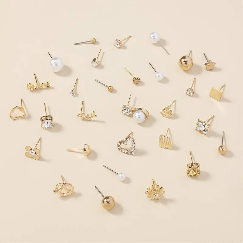 30 Pairs x Alloy Full Rhinestones Love Round Faux Pearl Letter Stud Earrings Set 1