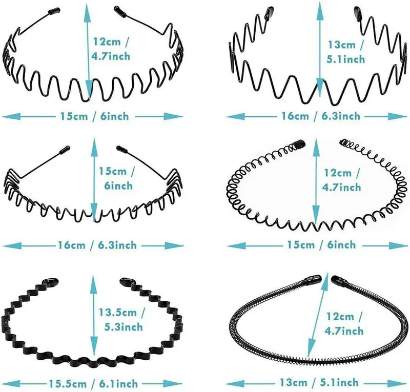 Elastic Wavy Spring Wave Hair Hoop, Multi-Style Black Non-slip Metal,Unisex Sport Fashion Hair Band Accessories for Women and Men(6 Pieces) 6