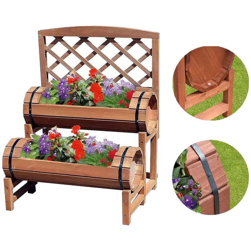 Kingfisher Double Barrel Wooden Garden Planter - Pressure Treated - Patio Flowers Plants - H78cm x W48cm x D40cm 3