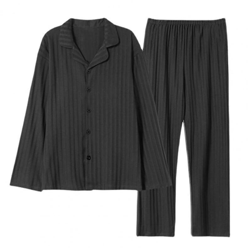 2 Pcs/Set Men Spring Pajamas Set Men Homewear Shirt Pants Set Striped Plaid Print Lapel Single-breasted Long Sleeve Wide Leg 3