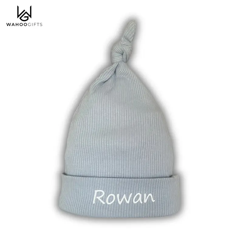 Personalised Dusky Blue Ribbed Knotty Baby Hat 0