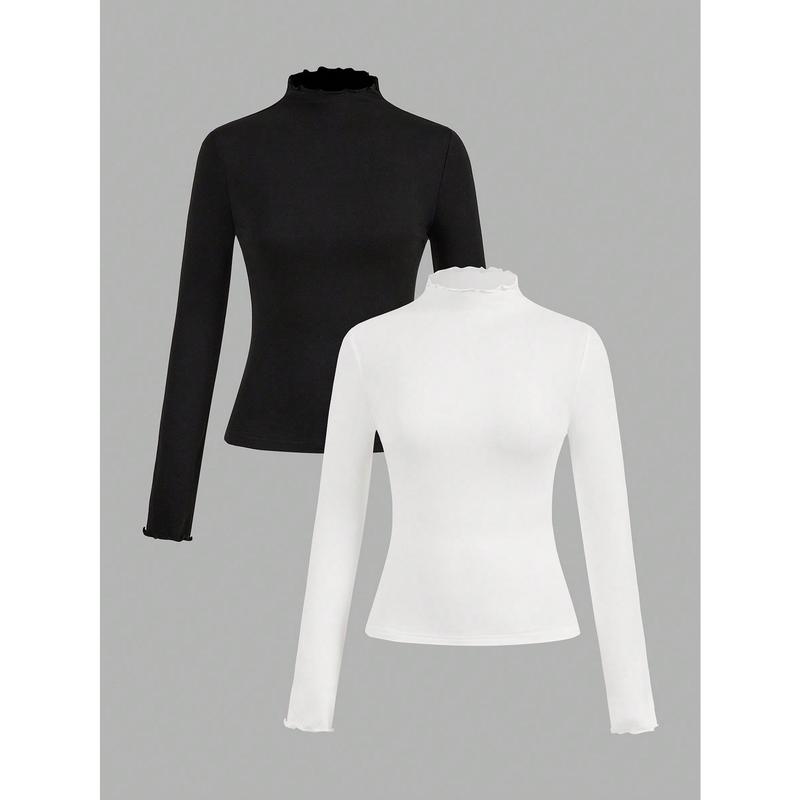 EZwear 2pcs/Set Casual Mock Neck Form-Fitting Solid Black And White Long Sleeve Base Layer Tops, Warm For Autumn/Winter 0