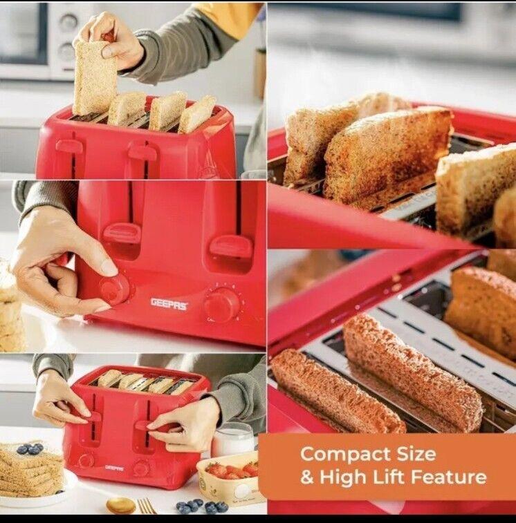 GEEPAS 4 Slice Toaster Family Size Bread Toaster 6 Variable Browning Control Red 6