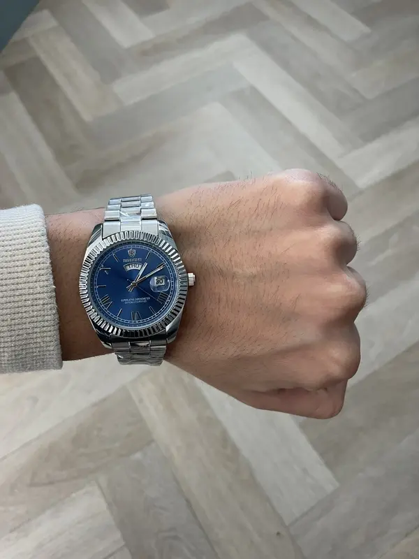Men's watch in Silver Day Date Quartz Watch with blue Dial and Waterproof 3ATM luxury watches 2