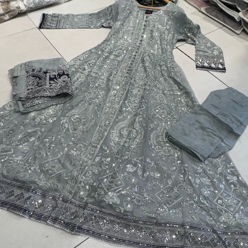 Silver/Grey JASMIN Long dress suit 3 piece Pakistani embroidered chiffon duppatta wedding edt S-XL Womenswear 0