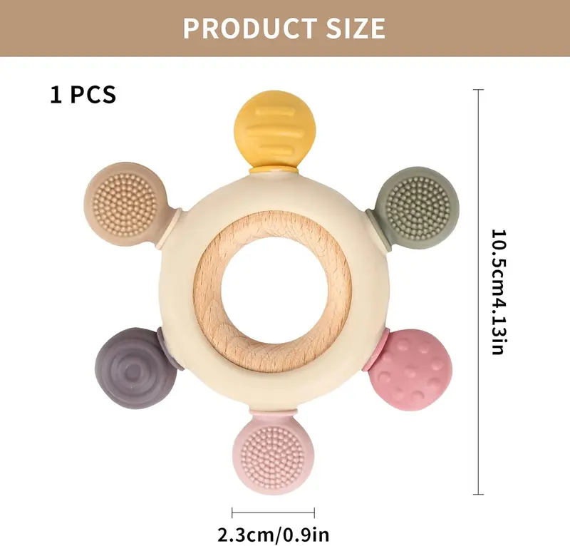 Baby Teether Silicone Teething Toys for Baby 3+ Months with Wooden Ring BPA Free Boys Girls Baby 1