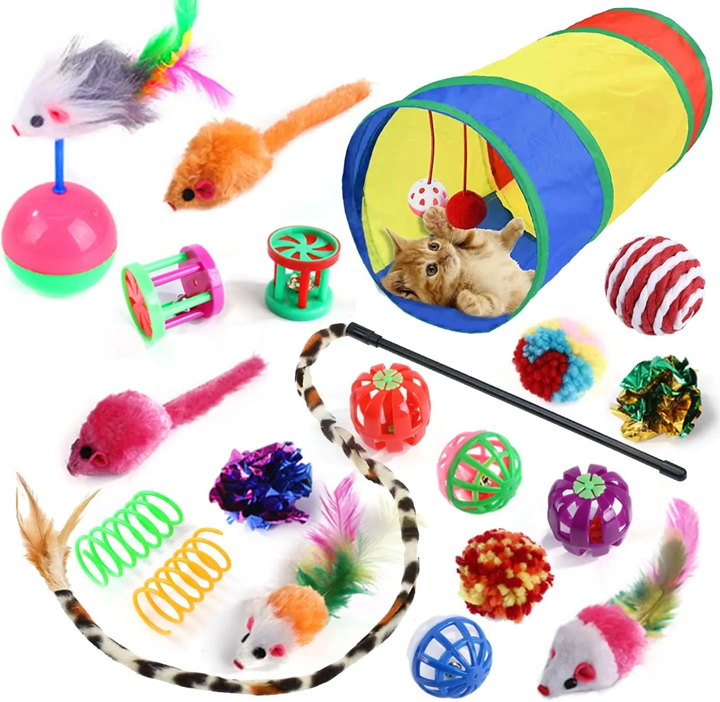 20 Pcs Interactive Cat Toy Set with Collapsible Tunnel, Feather Wand, and Spring Mice for Indoor Kittens and Puppies