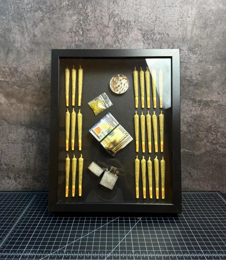 Fake Joint in Shadow Box Art - Reggae Weed, Inspired Display - Marijuana Art Pieces - Artist Replica of Cannabis Culture