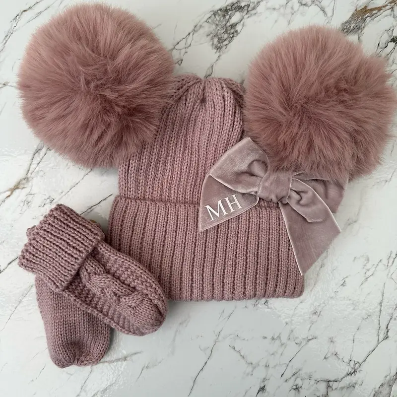 Biscuit or Dusky Pink Double Pom Pom Hat & Mittens - One Size Newborn - 12 Months. 7
