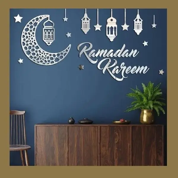 Premium Acrylic Wall Sticker with silver Moon and Matching Balloons for Ramadan Kareem Decor