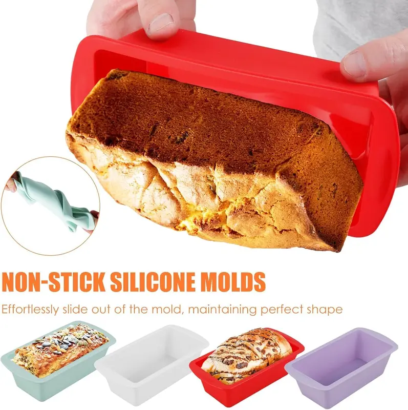 Mini Loaf Tins, 4 Pack Silicone Bread Pan for Baking, 1Lb Non-Stick Baking Trays for Air Fryer, Rectangle Cake Moulds for Cakes, Breads or Loaves, 16 x 8.5 cm Bread Making Accessories 2