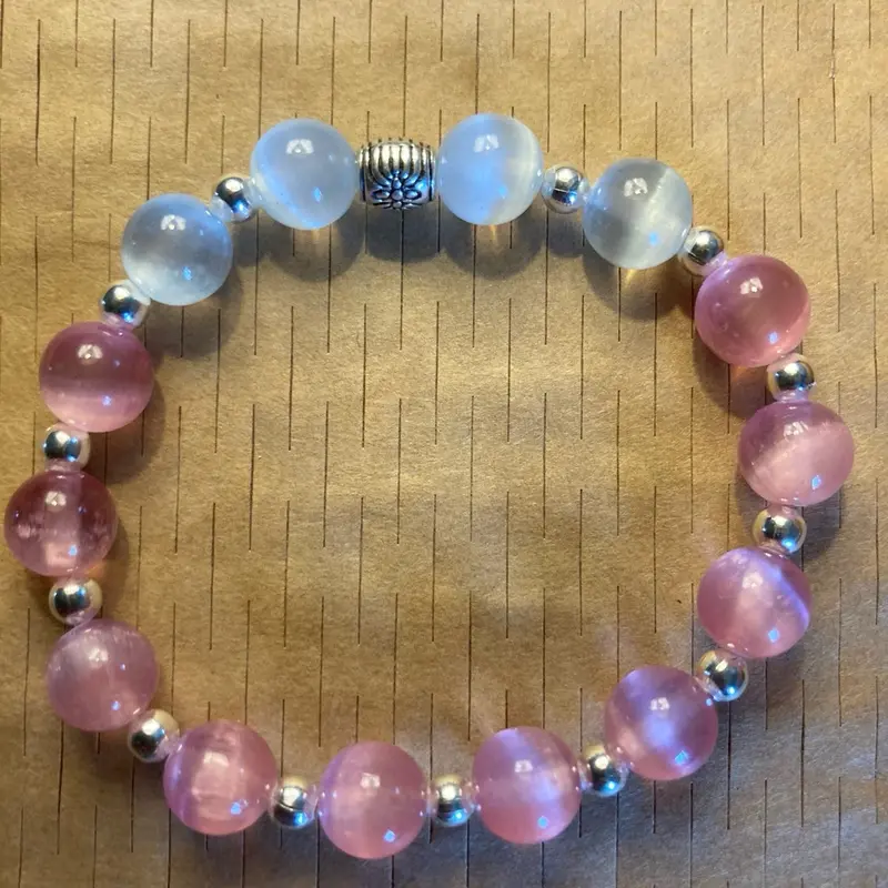 Pretty pink & moon shine light blue selenite crystal bracelet, homemade with love, size to fit all! 4