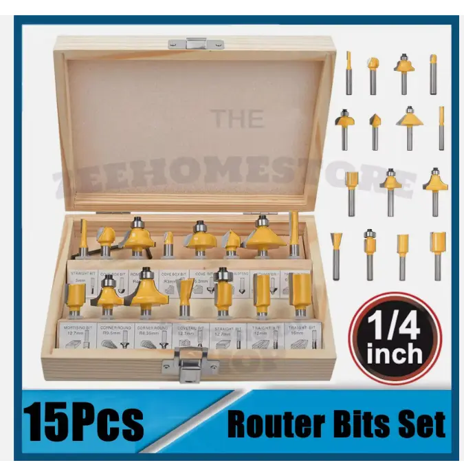 1/4" Router Bit Sets 15Pcs  TCT Shank Straight Cutter Tungsten Carbide Tipped