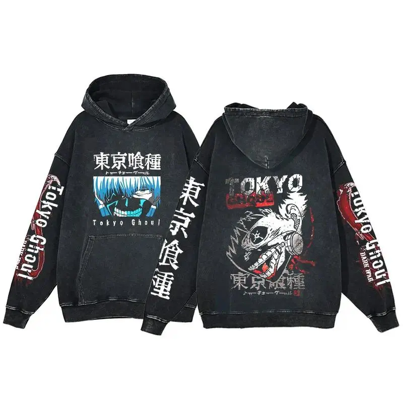 Ken Kaneki Print Harajuku Washed Hooded Sweatshirts Men Y2k Hip Hop Pullover Streetwear  Tops Anime Tokyo Ghoul Hoodies
