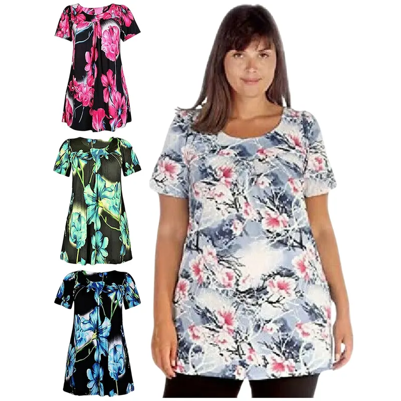 Womens Floral Print Swing Top Plus Size Ladies Fusion Paisely Print Tunic A-Line Short Sleeves Smock Dress Tunic Top 1