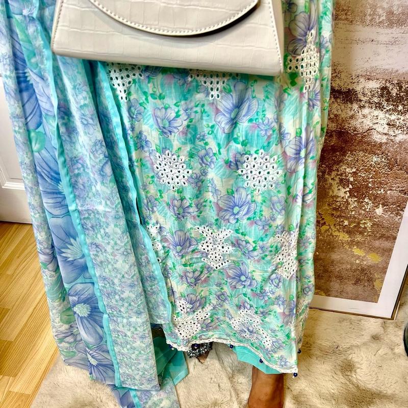 Chikankari Elegance 3 Piece Lawn Suit with Pastel Floral Print, Soft Fabric, and Matching Trousers Dupatta Embroidery Overalls Elegant Fit regular sleeve chic multicoloured casual 5