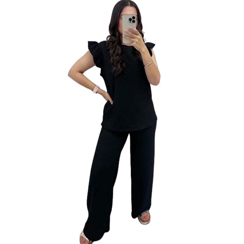 Women's Loungwear Ladies Pop Corn Fabric Frill Sleeve Top Trousers 2Pcs Co Ord UK Size 8-22 Loungewear Pajama Womenswear Nightwear Comfortable Pyjamas 2