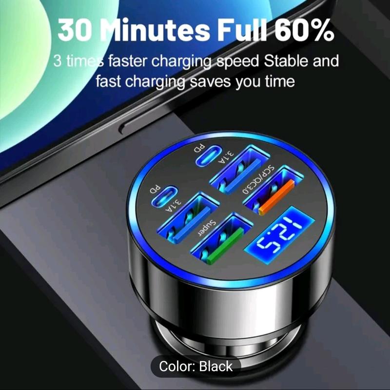 Multi-function Super Fast Charger Car Charger One Pull Six Charging Digital Display Pressure Test Mobile Phone Charging Conversion Plug 12-24V Universal for Cars and Trucks 1