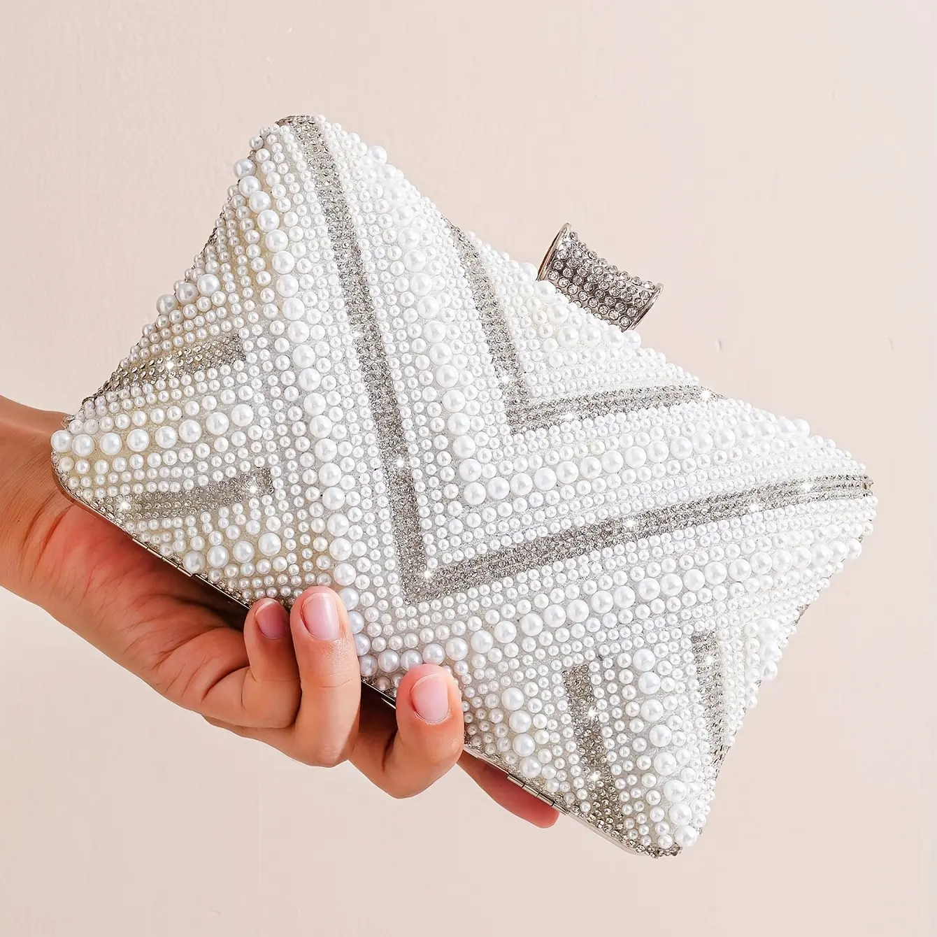 White Beads Decor Banquet Bag, Elegant Clutch Evening Bag For Party, Women's Classic Chain Bag