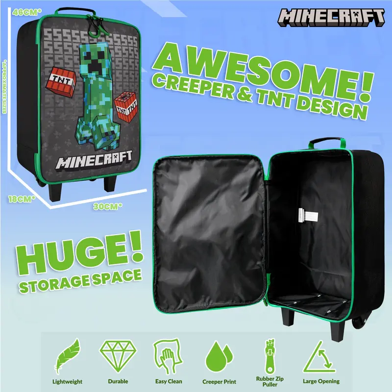 Minecraft Kids Suitcase for Boys and Girls Foldable Trolley Hand Luggage Bag Carry On Gamer Travel Bag with Wheels Size Cabin Bag Wheeled Bag with Handle Trolley Suitcase Boys 3