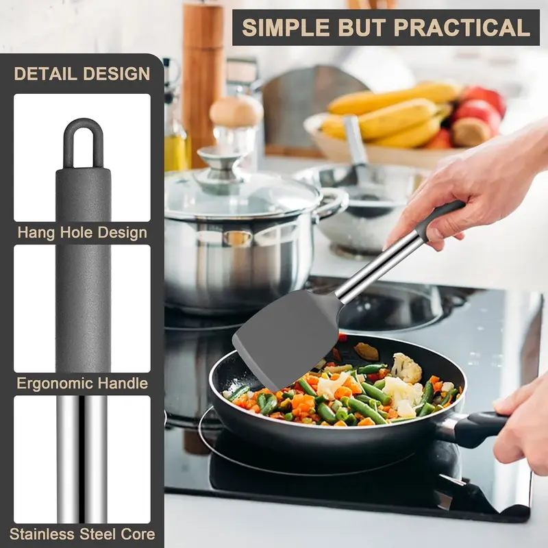 Kitchen Utensils Set, 10 Pcs Silicone Cooking Utensils Set with Stainless Steel Handle, Heat Resistant Cooking Tools Spatula Turner Spoon with Holder, Dishwasher Safe & Non Scratch, Grey 2