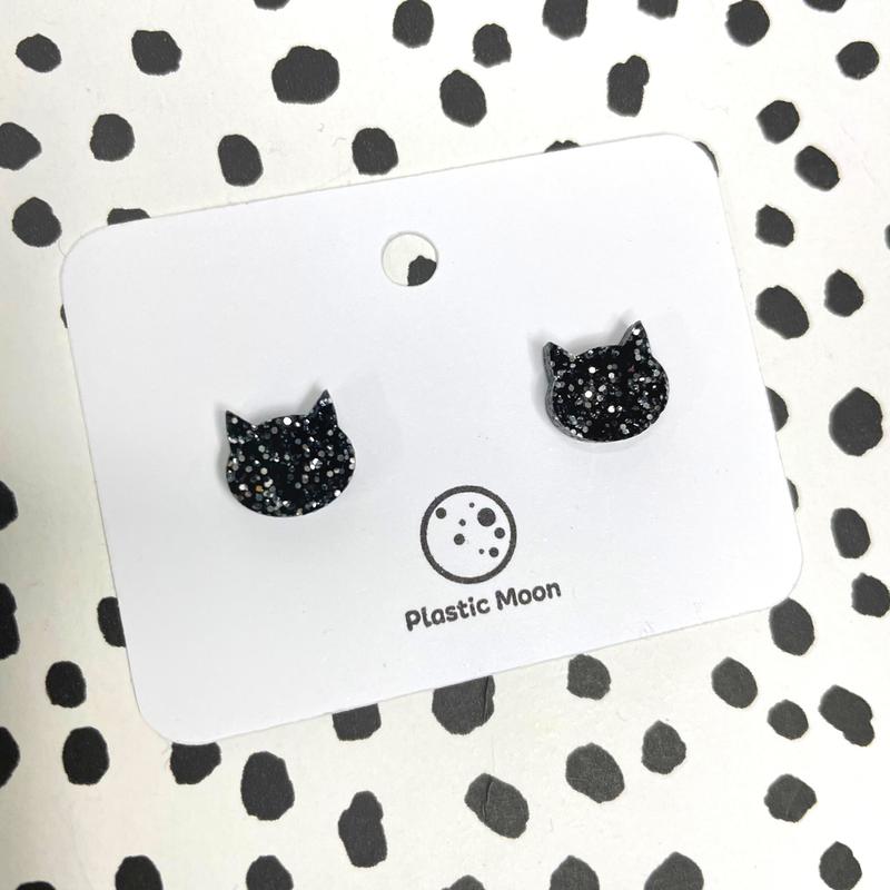 Black Glitter Cat Shaped Handmade Acrylic Stud 1