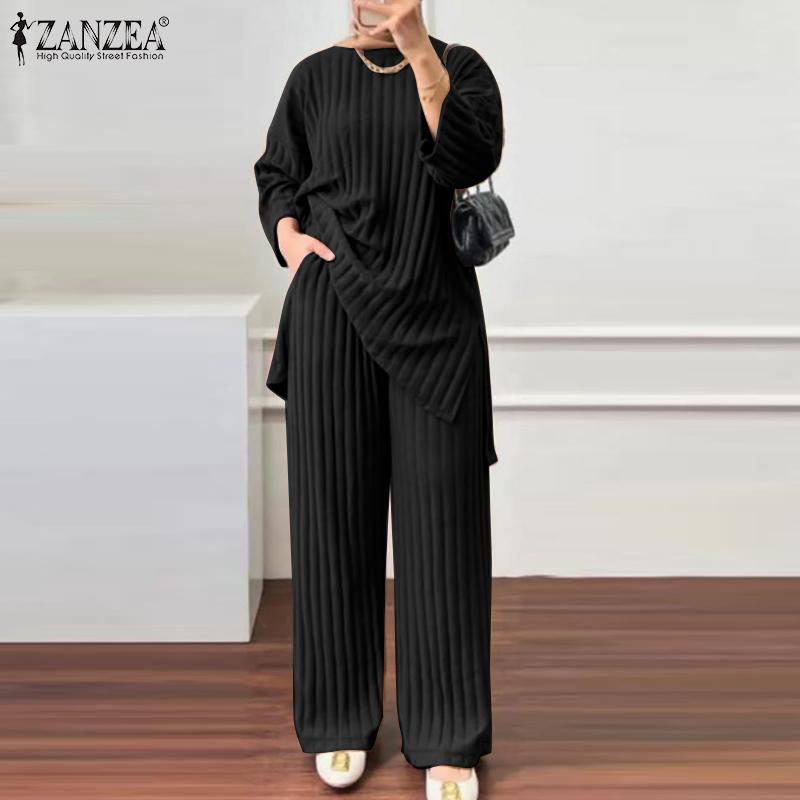 Product Introduction of Long Sleeve Blouse Wide Leg Pants Sets ZANZEA Women Matching Sets Solid Islamic Clothing Muslim Tracksuit Outifits 2PCS 15