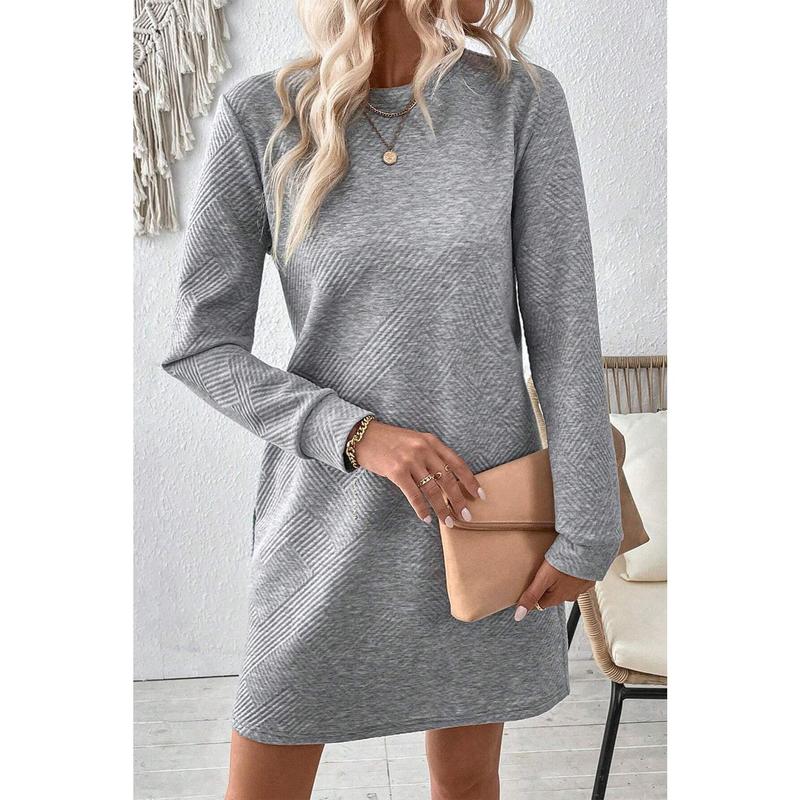 Gray Solid Color Textured Long Sleeve Shift Dress 4
