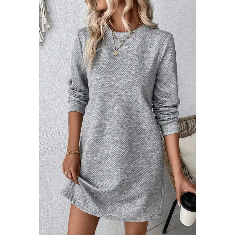 Gray Solid Color Textured Long Sleeve Shift Dress 1