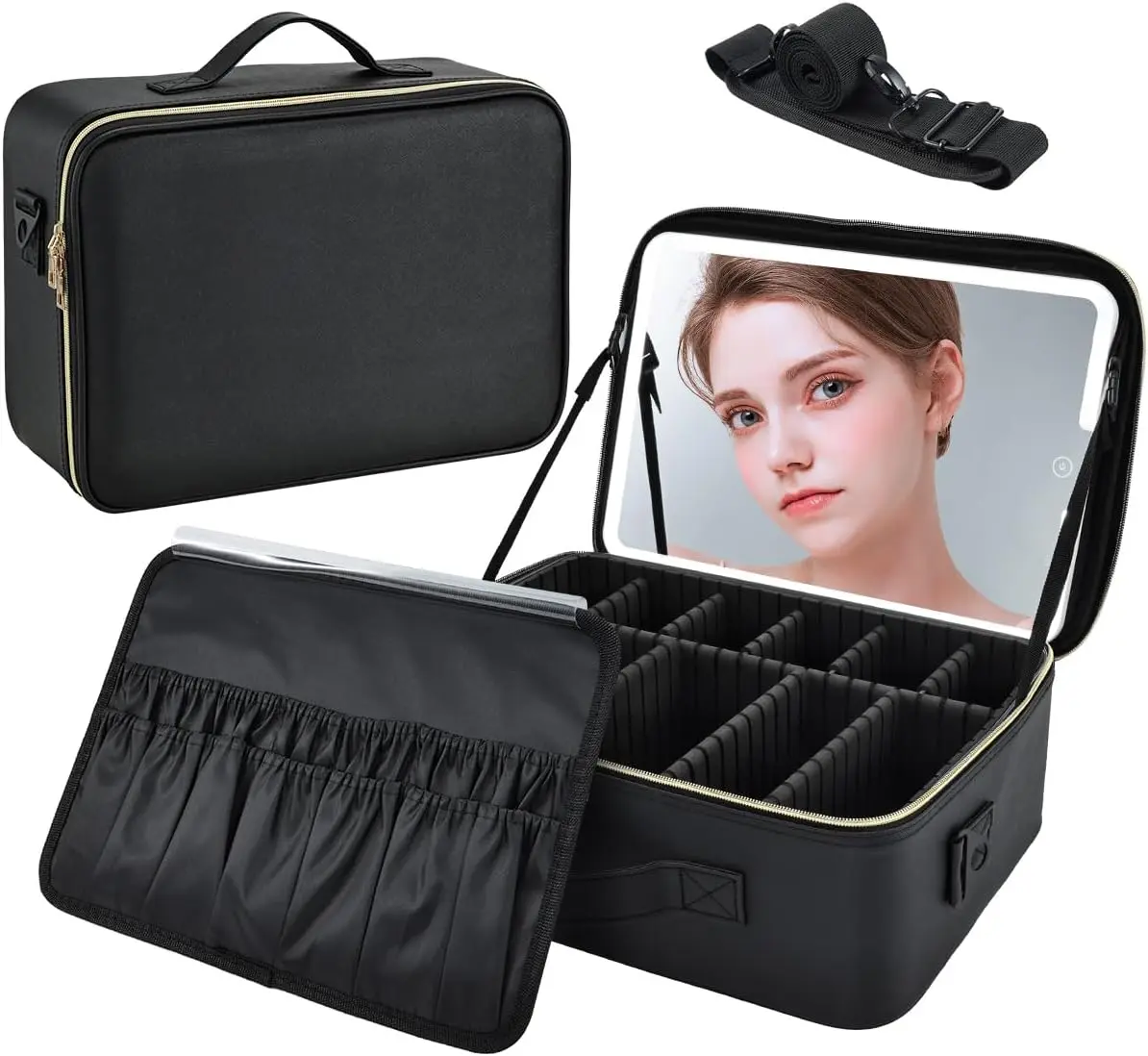 Travel Make up Bag with LED Mirror Cosmetic Bag with Compartment Makeup Box Organiser Beauty Case Luggage Cosmetic Case Vanity Case, Black