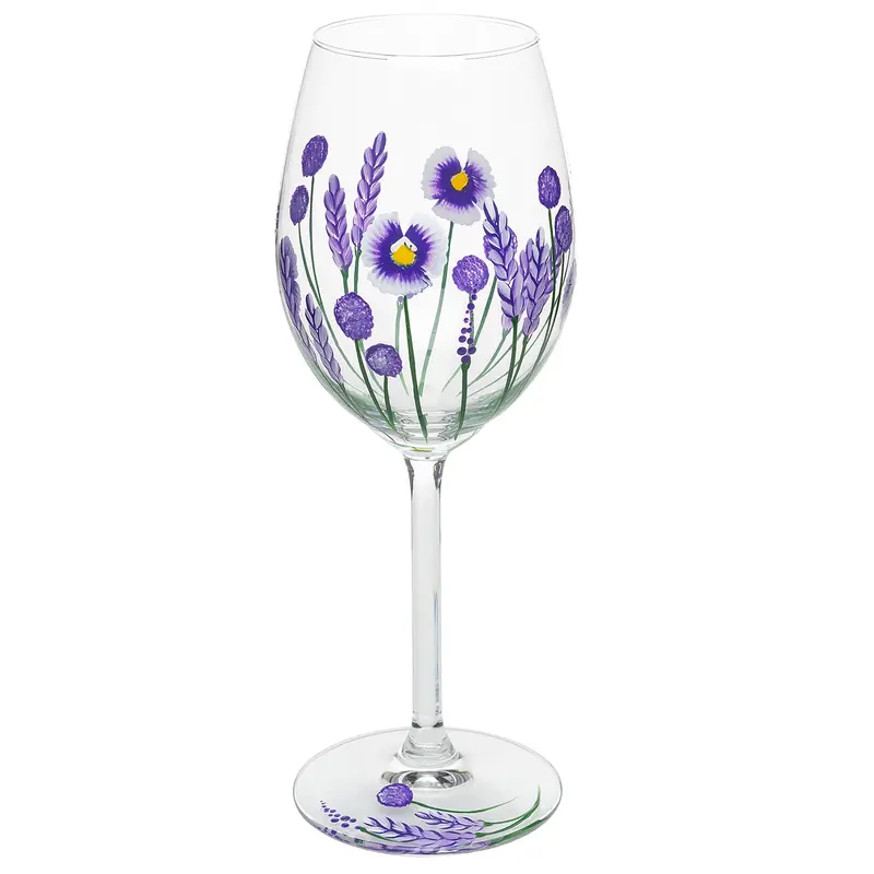 Shudehill Giftware Hand Painted Floral Design Wine Glass - Lavender, Poppy, Daisy, Butterfly, Bee, Dragonfly, Meadow Unique Pretty Designs Drinkware Drink 6