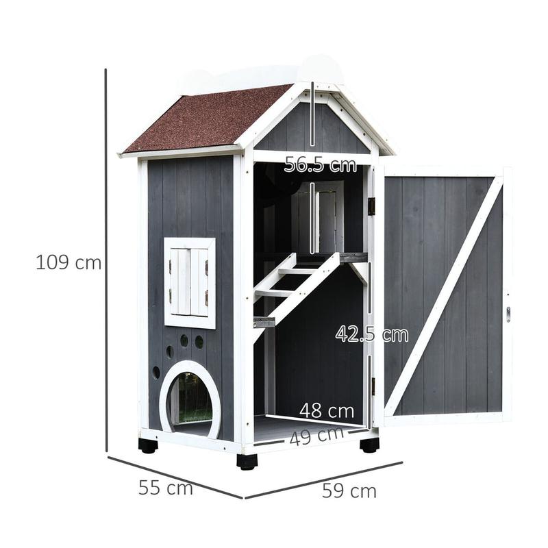 Solid Wood Cat Condo Furniture 2-Floor Pet Shelter, Grey and White, 109H Cm 1