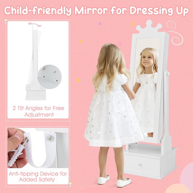COSTWAY Kids Jewelry Cabinet Armoire with Full Length Mirror and 3 Storage Drawers 6