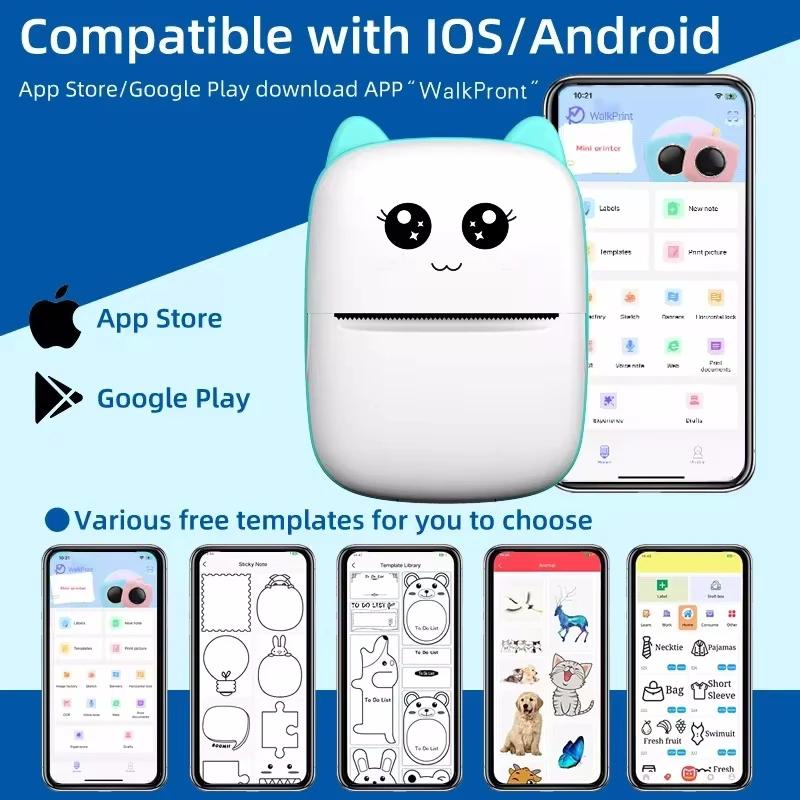 Portable thermal printer mini cat print photo pocket thermal label printer 58mm printing wireless Bluetooth Android iOS printers 5