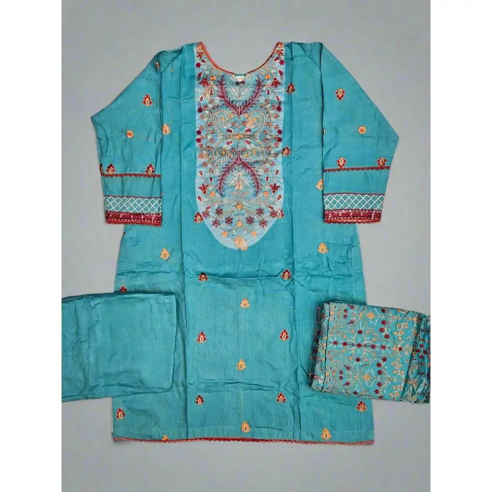 ANM by Ali blue colour thread embroidered linen fabric shalwar kameez with embroidered shawl - Sizes M to 8XL - Womenswear traditional clothing plus size comfort
