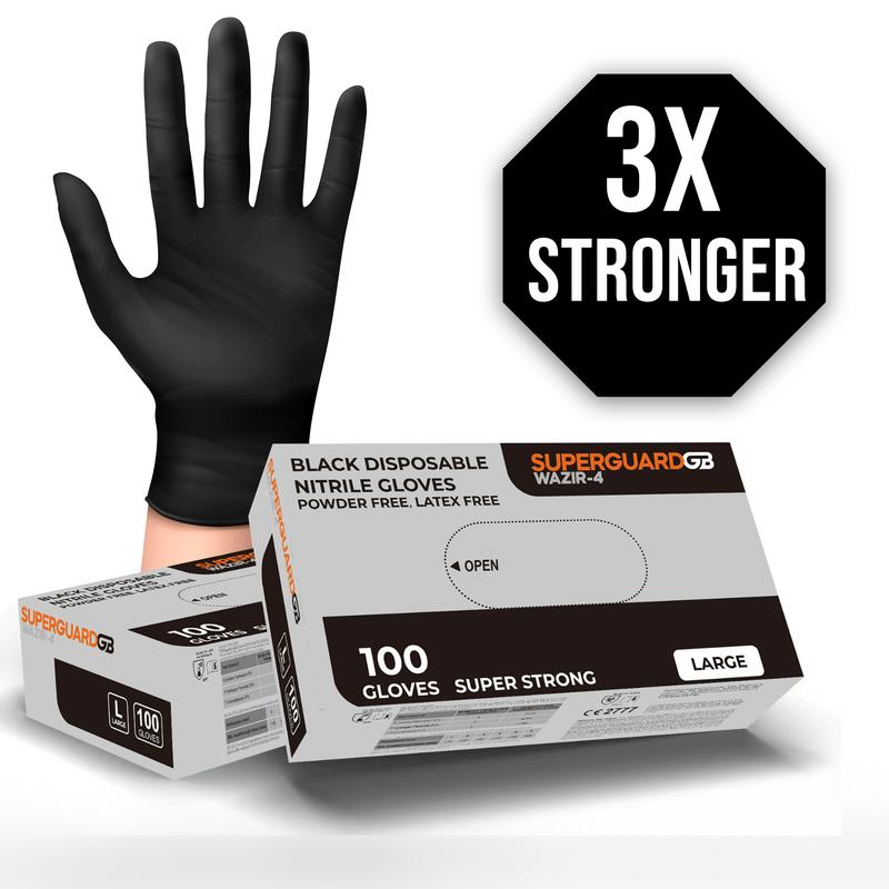 Superguard GB Black Disposable Heavy Duty Nitrile Wazir-4 Gloves Box Of 100 AQL 1.5 Cleaning Home Garage Tattoo Garden Kitchen Cover Industrial Engineeering Rubber Meachanic Painting Household 1