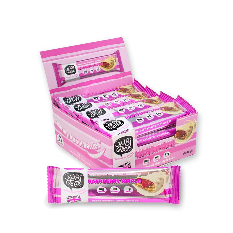 YuBi Bar Raspberry Ripple 12 Pack -- Protein Bars - 99 Calories, High Protein and High Fibre, Low Sugar, Gluten Free and Dairy Free Snacks with White Chocolate 1