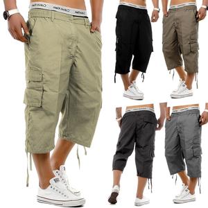 Mens 3/4 Elasticated Waist Long Cargo Shorts Multi Pockets Pants Plain Cotton Menswear