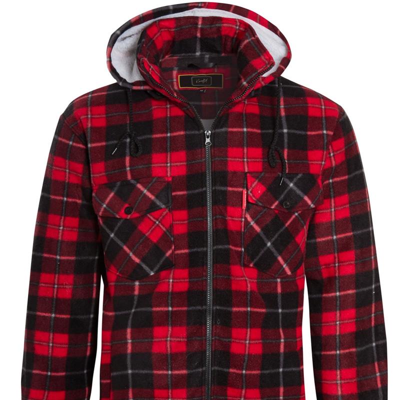 UNISEX Fleece Sherpa Fur Lined Lumberjack Detachable Hood Check Quilted Thermal Shirt Flannel Long Sleeve Casual Jacket Man Menswear Thick Coats Faux Padded Pockets Polyester Collared Top Underwear 7