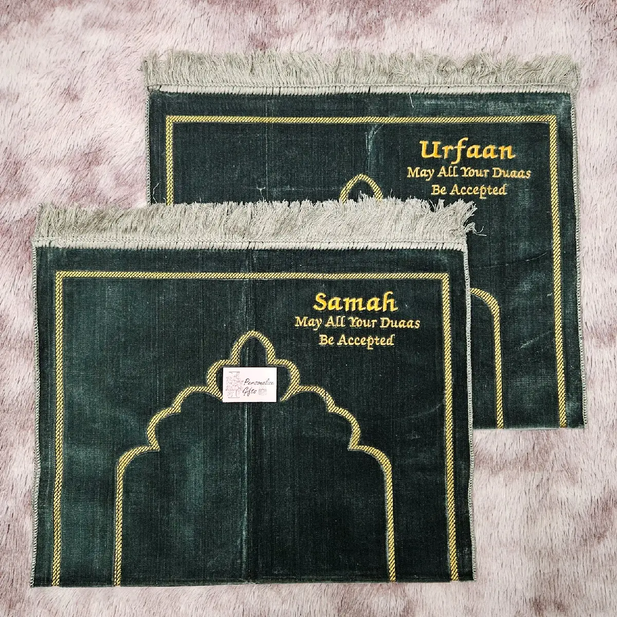 Personalised Velvet Turkish Prayer Mat with Gold Borders Grey Blue Janamaz