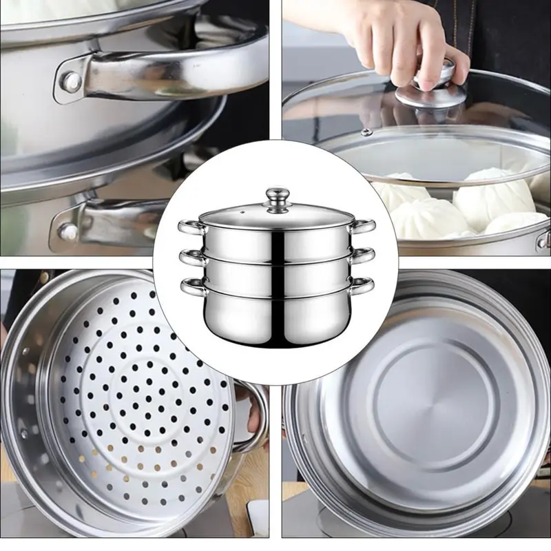 1 Set 3-Tier Stainless Steel Steamer with Lid - 20cm Stack and Steam Pot Set Work with Gas, Electric, Grill Stove Top 2