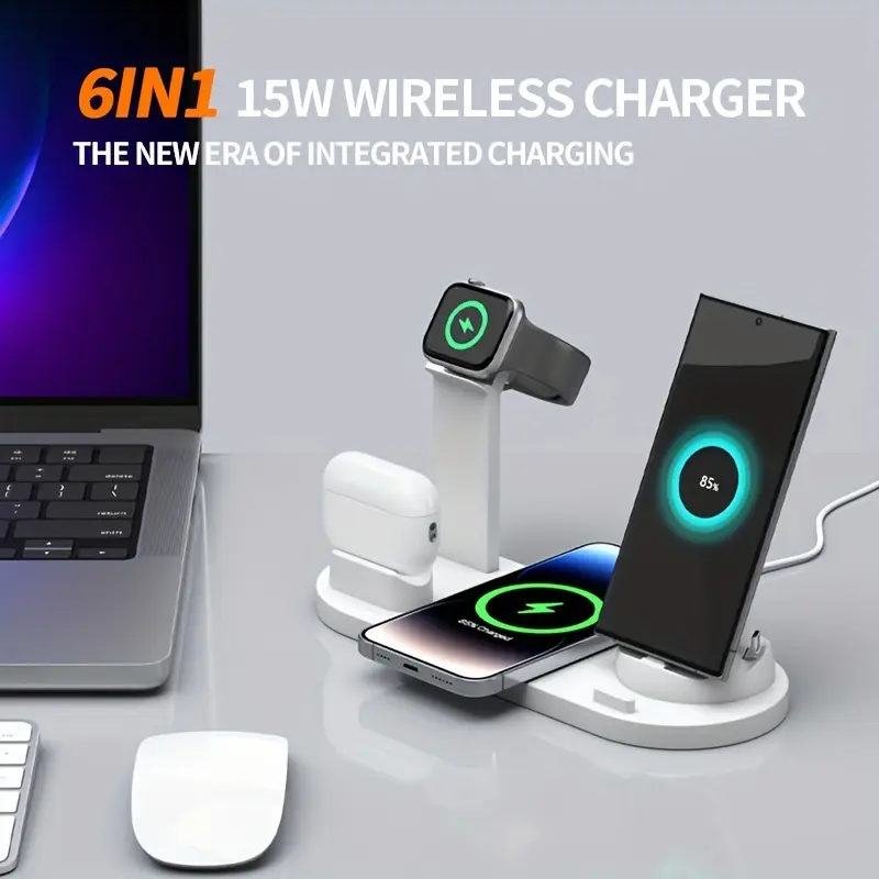 6 In 1 Wireless Charger, 15W Fast Charging, Wireless Charging Station, Wireless Charging For IPhone 16/15/14/13/12/11/XR/X/8/Samsung Series/Android Series, Earphones For AirPods Pro4/3/2/1 Series, Watches For IPhone Watch Ultra/SE/10/9/8/7/6/5/4/3/2 Serie 7