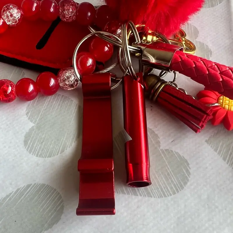 Safety Keychain with Key Holder, Anti Bac/Lipstick Case, Bottle Opener, Whistle, Pom Pom and Key Ring - Available in Multiple Colors custom 2