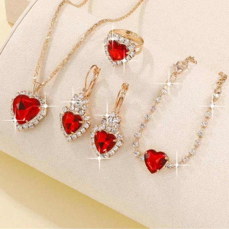 Set of necklace, earrings, ring and bracelet with red solid stone for elegant women in parties, Valentine's Day gift for girlfriend 2