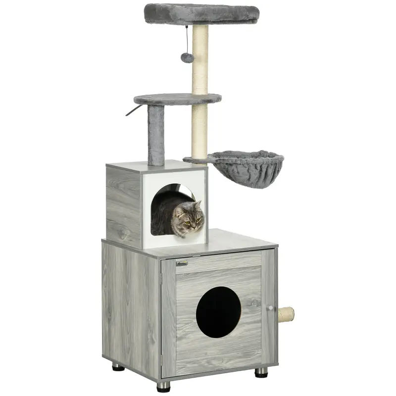 PawHut Enclosed Cat Litter Box with Cat House, Cat Bed, Scratching Posts, Platforms, for Indoor Cats - Grey 0