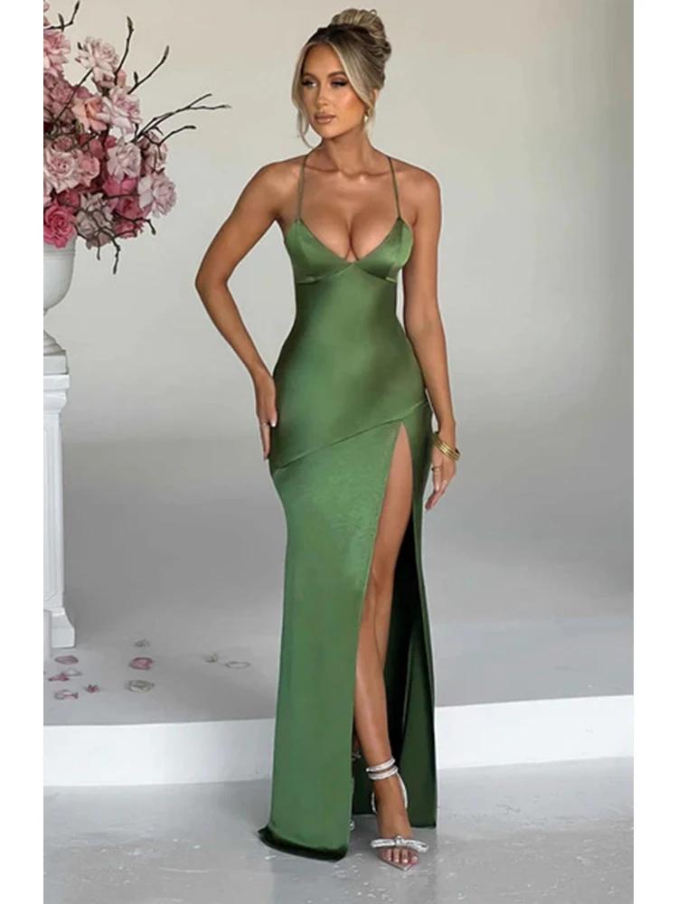 Product Introduction of Bandage Backless Elegant Dress Split Hem Spaghetti Strap Slim Cocktail Party Club Fashion Satin Solid Lace-Up Long Dresses 13