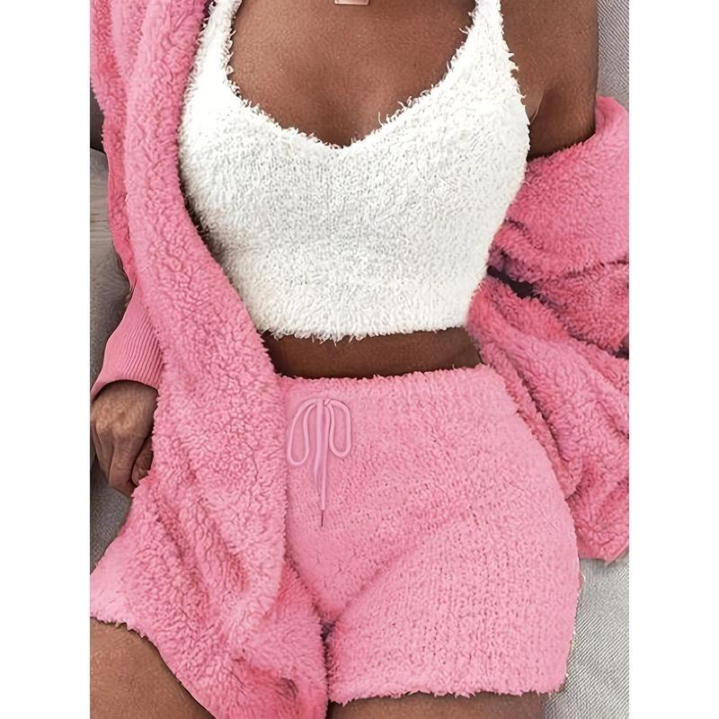 【2025】Warm Fuzzy Pajama Set, Long Sleeve Hooded Robe & Tank Top & Drawstring Shorts, Women's Sleepwear & Loungewear 5