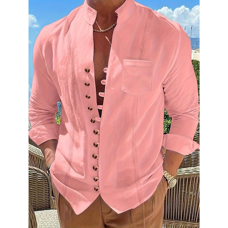 Men's Solid Ethnic Style Band Collar Jacket For Spring Summer, Stylish Casual Cotton Shirt For Males 3