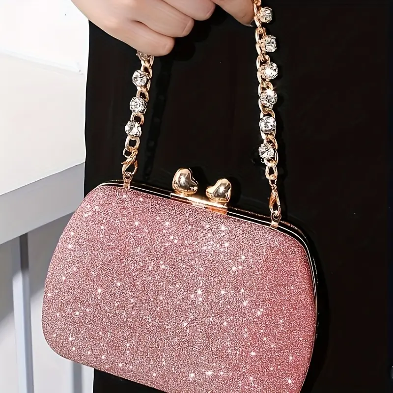 Shiny Evening Clutch Bag, Equipped with Inlaid Chain, Fashionable Heart-shaped Metal Handbag, Unique Party Crossbody Shoulder Bag, PU Material