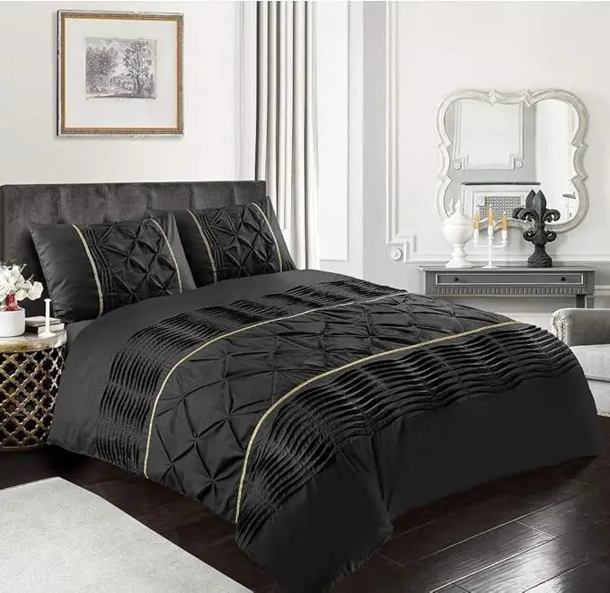 Eleanor Pintuck Stripes Luxury Duvet Cover Set - Soft Poly Cotton, Easy Care, Machine Washable
